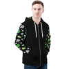 NerdyKeppie Raveyard Ghosts Lightweight Aro Pride Zip Up Hoodie. A black hooded aro pride flag sweatshirt with zipper and two front pockets. This aromantic pride hoodie has a Raveyard Ghosts design on its sleeves and inside its hood!