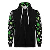 NerdyKeppie Raveyard Ghosts Lightweight Aro Pride Zip Up Hoodie. A black hooded aro pride flag sweatshirt with zipper and two front pockets. This aromantic pride hoodie has a Raveyard Ghosts design on its sleeves and inside its hood!