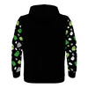 NerdyKeppie Raveyard Ghosts Lightweight Aro Pride Zip Up Hoodie. A black hooded aro pride flag sweatshirt with zipper and two front pockets. This aromantic pride hoodie has a Raveyard Ghosts design on its sleeves and inside its hood!