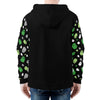 NerdyKeppie Raveyard Ghosts Lightweight Aro Pride Zip Up Hoodie. A black hooded aro pride flag sweatshirt with zipper and two front pockets. This aromantic pride hoodie has a Raveyard Ghosts design on its sleeves and inside its hood!