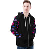 NerdyKeppie Raveyard Ghosts Lightweight Bi Pride Zip Up Hoodie. A black hooded bi pride flag sweatshirt with zipper and two front pockets. This bisexual pride hoodie has a Raveyard Ghosts design on its sleeves and inside its hood!