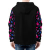 NerdyKeppie Raveyard Ghosts Lightweight Bi Pride Zip Up Hoodie. A black hooded bi pride flag sweatshirt with zipper and two front pockets. This bisexual pride hoodie has a Raveyard Ghosts design on its sleeves and inside its hood!
