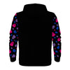 NerdyKeppie Raveyard Ghosts Lightweight Bi Pride Zip Up Hoodie. A black hooded bi pride flag sweatshirt with zipper and two front pockets. This bisexual pride hoodie has a Raveyard Ghosts design on its sleeves and inside its hood!