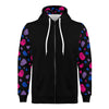 NerdyKeppie Raveyard Ghosts Lightweight Bi Pride Zip Up Hoodie. A black hooded bi pride flag sweatshirt with zipper and two front pockets. This bisexual pride hoodie has a Raveyard Ghosts design on its sleeves and inside its hood!