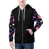 NerdyKeppie Raveyard Ghosts Lightweight Genderfluid Pride Zip Up Hoodie. A black hooded pride flag sweatshirt with zipper and two front pockets. This genderfluid pride hoodie has an Raveyard Ghosts design on its sleeves and inside its hood!