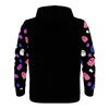 NerdyKeppie Raveyard Ghosts Lightweight Genderfluid Pride Zip Up Hoodie. A black hooded pride flag sweatshirt with zipper and two front pockets. This genderfluid pride hoodie has an Raveyard Ghosts design on its sleeves and inside its hood!