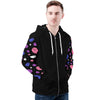 NerdyKeppie Raveyard Ghosts Lightweight Genderfluid Pride Zip Up Hoodie. A black hooded pride flag sweatshirt with zipper and two front pockets. This genderfluid pride hoodie has an Raveyard Ghosts design on its sleeves and inside its hood!