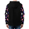 NerdyKeppie Raveyard Ghosts Lightweight Genderfluid Pride Zip Up Hoodie. A black hooded pride flag sweatshirt with zipper and two front pockets. This genderfluid pride hoodie has an Raveyard Ghosts design on its sleeves and inside its hood!