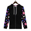 NerdyKeppie Raveyard Ghosts Lightweight Genderfluid Pride Zip Up Hoodie. A black hooded pride flag sweatshirt with zipper and two front pockets. This genderfluid pride hoodie has an Raveyard Ghosts design on its sleeves and inside its hood!