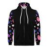NerdyKeppie Raveyard Ghosts Lightweight Genderfluid Pride Zip Up Hoodie. A black hooded pride flag sweatshirt with zipper and two front pockets. This genderfluid pride hoodie has an Raveyard Ghosts design on its sleeves and inside its hood!