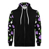 NerdyKeppie Raveyard Ghosts Lightweight Genderqueer Pride Zip Up Hoodie. A black hooded pride flag sweatshirt with zipper and two front pockets. This genderqueer pride hoodie has a Raveyard ghosts design on its sleeves and inside its hood!.