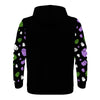 NerdyKeppie Raveyard Ghosts Lightweight Genderqueer Pride Zip Up Hoodie. A black hooded pride flag sweatshirt with zipper and two front pockets. This genderqueer pride hoodie has a Raveyard ghosts design on its sleeves and inside its hood!.