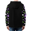 NerdyKeppie Raveyard Ghosts Lightweight Genderqueer Pride Zip Up Hoodie. A black hooded pride flag sweatshirt with zipper and two front pockets. This genderqueer pride hoodie has a Raveyard ghosts design on its sleeves and inside its hood!.