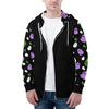NerdyKeppie Raveyard Ghosts Lightweight Genderqueer Pride Zip Up Hoodie. A black hooded pride flag sweatshirt with zipper and two front pockets. This genderqueer pride hoodie has a Raveyard ghosts design on its sleeves and inside its hood!.