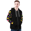 NerdyKeppie Raveyard Ghosts Lightweight Inclusive Lesbian Pride Zip Up Hoodie. A black hooded lesbian pride flag sweatshirt with zipper and two front pockets. This lesbian pride hoodie has a Raveyard Ghosts design on its sleeves and inside its hood!