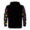 NerdyKeppie Raveyard Ghosts Lightweight Inclusive Lesbian Pride Zip Up Hoodie. A black hooded lesbian pride flag sweatshirt with zipper and two front pockets. This lesbian pride hoodie has a Raveyard Ghosts design on its sleeves and inside its hood!