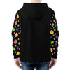 NerdyKeppie Raveyard Ghosts Lightweight Inclusive Lesbian Pride Zip Up Hoodie. A black hooded lesbian pride flag sweatshirt with zipper and two front pockets. This lesbian pride hoodie has a Raveyard Ghosts design on its sleeves and inside its hood!