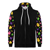 NerdyKeppie Raveyard Ghosts Lightweight Inclusive Lesbian Pride Zip Up Hoodie. A black hooded lesbian pride flag sweatshirt with zipper and two front pockets. This lesbian pride hoodie has a Raveyard Ghosts design on its sleeves and inside its hood!