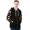 NerdyKeppie Raveyard Ghosts Lightweight Non-Binary Pride Zip Up Hoodie. A black hooded non-binary pride flag sweatshirt with zipper and two front pockets. This non-binary pride hoodie has an Engraved Bats design on its sleeves and inside its hood!