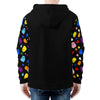 NerdyKeppie Raveyard Ghosts Lightweight Progress Pride Zip Up Hoodie. A black hooded Progress pride flag sweatshirt with zipper and two front pockets. This Progress pride hoodie has a Raveyard Ghosts design on its sleeves and inside its hood!