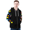 NerdyKeppie Raveyard Ghosts Lightweight Progress Pride Zip Up Hoodie. A black hooded Progress pride flag sweatshirt with zipper and two front pockets. This Progress pride hoodie has a Raveyard Ghosts design on its sleeves and inside its hood!