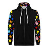 NerdyKeppie Raveyard Ghosts Lightweight Progress Pride Zip Up Hoodie. A black hooded Progress pride flag sweatshirt with zipper and two front pockets. This Progress pride hoodie has a Raveyard Ghosts design on its sleeves and inside its hood!