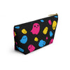 NerdyKeppie Raveyard Ghosts Pan Pride Zipper Pouch with T-Bottom. A zippered accessory/makeup bag featuring a t-bottom and a Raveyard Ghosts pattern in pansexual pride colors. This pan pride zipper pouch is fully lined and comes in two sizes.