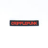 NerdyKeppie's Red BONEYARD "Cripplepunk" Embroidered Disability Pride Patch are stitched on sturdy rectangular duck cloth and backed with vinyl fuse.