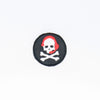 NerdyKeppie's Red IATSE Theater Tech Jolly Roger Embroidered Patch are stitched on black duck cloth and backed by sturdy vinyl fuse.