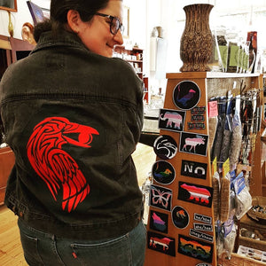 NerdyKeppie's Red Raven Stole The Moon Embroidered Back Patch are shaped like their namesake and stitched on black duck cloth!
