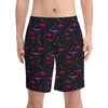 NerdyKeppie Dino Bones Bi Pride Swim Trunks With Pockets. A pair of swim trunks featuring a Dino Bones design in bisexual pride colors. These bi pride swim trunks are machine washable.