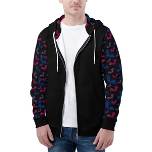 NerdyKeppie Engraved Bats Lightweight Bi Pride Zip Up Hoodie. A black hooded bisexual pride flag sweatshirt with zipper and two front pockets. This bi pride hoodie has an Engraved Bats design on its sleeves and inside its hood!