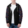 NerdyKeppie Engraved Bats Lightweight Genderfluid Pride Zip Up Hoodie. A black hooded genderfluid pride flag sweatshirt with zipper and two front pockets. This genderfluid pride hoodie has an Engraved Bats design on its sleeves and inside its hood!