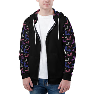 NerdyKeppie Engraved Bats Lightweight Genderfluid Pride Zip Up Hoodie. A black hooded genderfluid pride flag sweatshirt with zipper and two front pockets. This genderfluid pride hoodie has an Engraved Bats design on its sleeves and inside its hood!