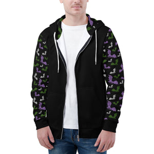 NerdyKeppie Engraved Bats Lightweight Genderqueer Pride Zip Up Hoodie. A black hooded genderqueer pride flag sweatshirt with zipper and two front pockets. This genderqueer pride hoodie has an Engraved Bats design on its sleeves and inside its hood!