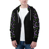 NerdyKeppie Engraved Bats Lightweight Genderqueer Pride Zip Up Hoodie. A black hooded genderqueer pride flag sweatshirt with zipper and two front pockets. This genderqueer pride hoodie has an Engraved Bats design on its sleeves and inside its hood!