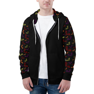 NerdyKeppie Engraved Bats Lightweight Halloween Zip Up Hoodie. A black hooded Halloween flag sweatshirt with zipper and two front pockets. This Halloween hoodie has an Engraved Bats design on its sleeves and inside its hood!