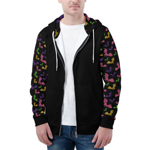 NerdyKeppie Engraved Bats Lightweight Inclusive Lesbian Pride Zip Up Hoodie. A black hooded Lesbian pride flag sweatshirt with zipper and two front pockets. This lesbian pride hoodie has an Engraved Bats design on its sleeves and inside its hood!