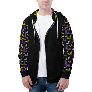 NerdyKeppie Engraved Bats Lightweight Non-Binary Pride Zip Up Hoodie. A black hooded pride flag sweatshirt with zipper and two front pockets. This non-binary pride hoodie has an Engraved Bats design on its sleeves and inside its hood!