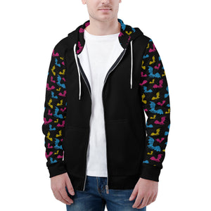 NerdyKeppie Engraved Bats Lightweight Pan Pride Zip Up Hoodie. A black hooded pansexual pride flag sweatshirt with zipper and two front pockets. This pan pride hoodie has an Engraved Bats design on its sleeves and inside its hood!