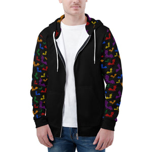 NerdyKeppie Engraved Bats Lightweight Rainbow Gay Pride Zip Up Hoodie. A black hooded gay pride flag sweatshirt with zipper and two front pockets. This rainbow gay pride hoodie has an Engraved Bats design on its sleeves and inside its hood!