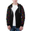 NerdyKeppie Engraved Bats Lightweight Rainbow Gay Pride Zip Up Hoodie. A black hooded gay pride flag sweatshirt with zipper and two front pockets. This rainbow gay pride hoodie has an Engraved Bats design on its sleeves and inside its hood!