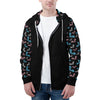 NerdyKeppie Engraved Bats Lightweight Trans Pride Zip Up Hoodie. A black hooded trans pride flag sweatshirt with zipper and two front pockets. This transgender pride hoodie has an Engraved Bats design on its sleeves and inside its hood!