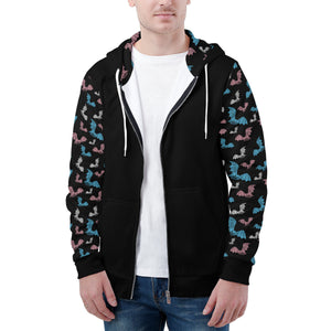 NerdyKeppie Engraved Bats Lightweight Trans Pride Zip Up Hoodie. A black hooded trans pride flag sweatshirt with zipper and two front pockets. This transgender pride hoodie has an Engraved Bats design on its sleeves and inside its hood!