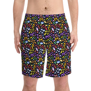 NerdyKeppie Fishies Rainbow Gay Pride Swim Trunks With Pockets. A pair of swim trunks featuring a Fishies design in rainbow pride colors. These gay pride swim trunks are machine washable.