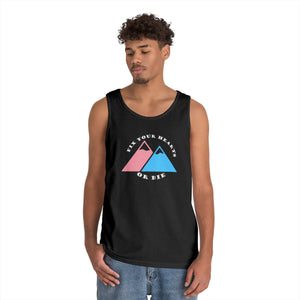 NerdyKeppie "Fix Your Hearts Or Die" Twin Mountain Peaks Trans Pride Unisex Tank Top - Pride Apparel for LGBTQ+ Supporters. A unisex cotton tank top with a "Fix Your Hearts Or Die" design on it in transgender pride colors. This trans pride tank top has a classic fit.