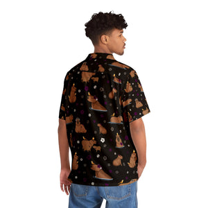NerdyKeppie Keppiebaras Ace Pride Hawaiian Shirt. A light and breezy Hawaiian shirt with an ace pride Keppiebaras pattern on it. This ace pride Hawaiian shirt has a boxy fit and a chest pocket.