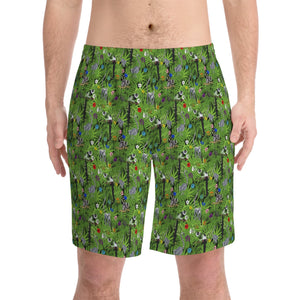 NerdyKeppie Lemurs Progress Pride Swim Trunks. A pair of swim trunks featuring a Lemurs design in Progress pride colors. These Progress pride swim trunks are machine washable.