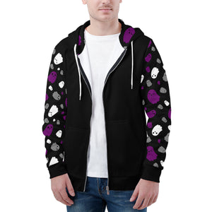 NerdyKeppie Raveyard Ghosts Lightweight Ace Pride Zip Up Hoodie. A black hooded ace pride flag sweatshirt with zipper and two front pockets. This asexual pride hoodie has a Raveyard Ghosts design on its sleeves and inside its hood!