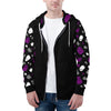 NerdyKeppie Raveyard Ghosts Lightweight Ace Pride Zip Up Hoodie. A black hooded ace pride flag sweatshirt with zipper and two front pockets. This asexual pride hoodie has a Raveyard Ghosts design on its sleeves and inside its hood!